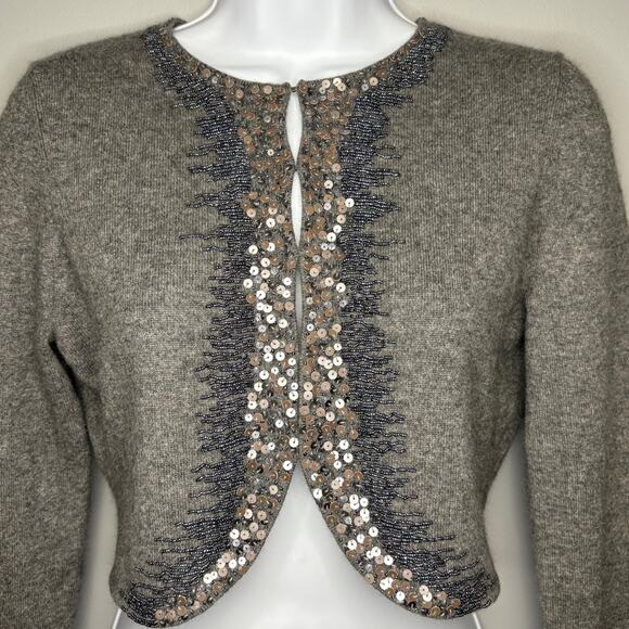 100% Cashmere Y2K Formal Beaded Cropped Grey Neutral Cardigan Womens Sz M - Picture 1 of 6